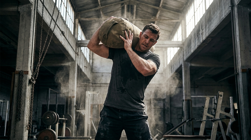Athlete lifting a heavy training sandbag to the shoulder