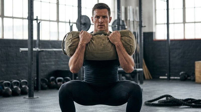 Athlete doing front squats holding a training sandbag