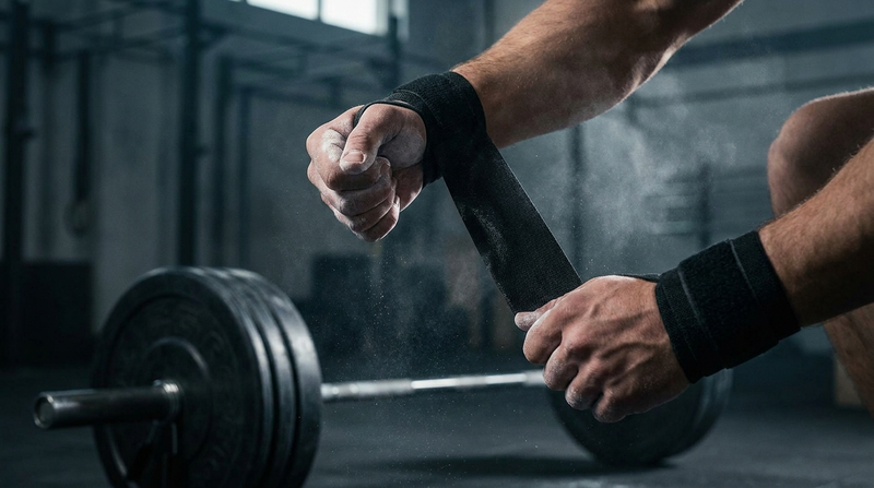 Lifter securing black wrist wraps before a heavy bench press
