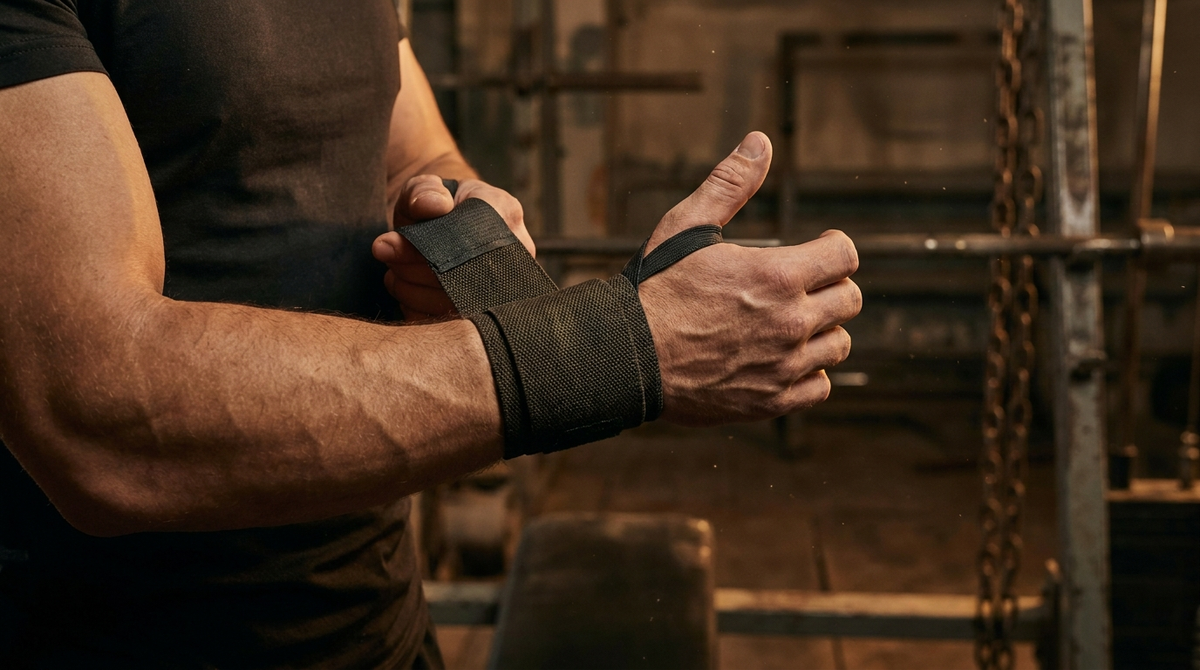 Athlete wrapping a wrist wrap with the thumb loop visible
