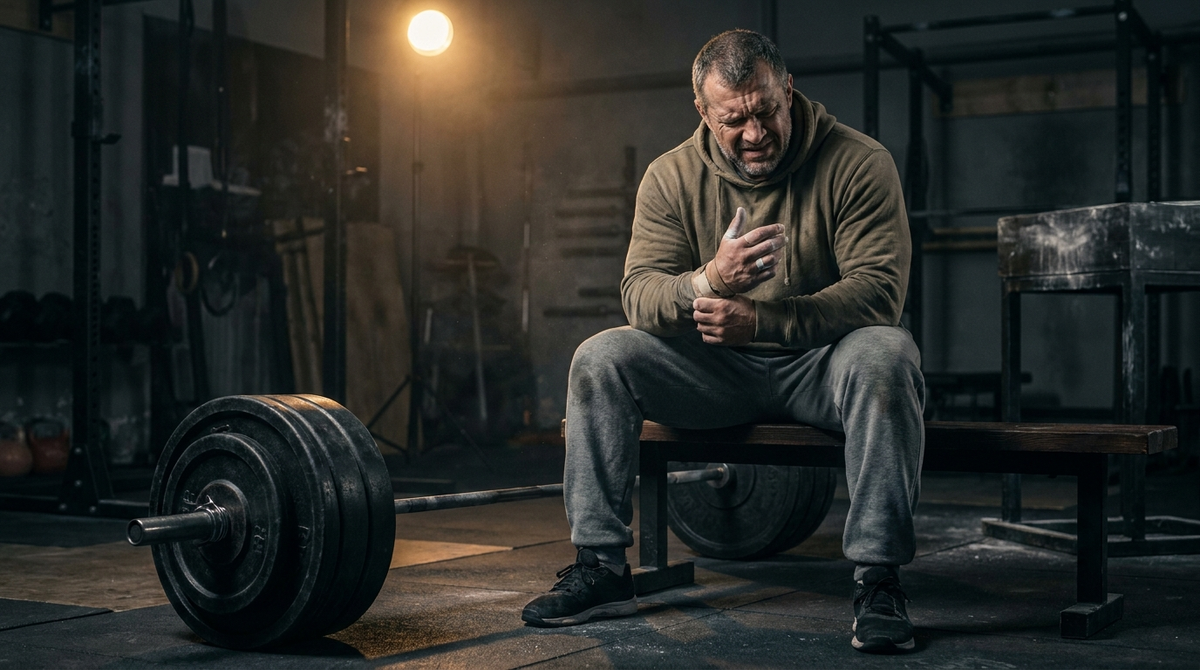 Lifter rubbing his sore wrist next to a loaded barbell