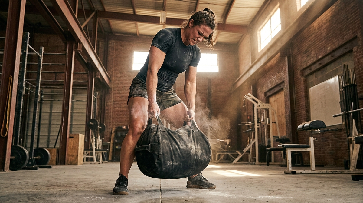 Athlete cleaning a heavy training sandbag to the shoulder