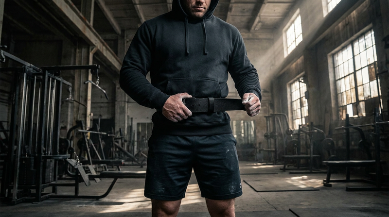 Lifter tightening a weightlifting belt before a heavy squat