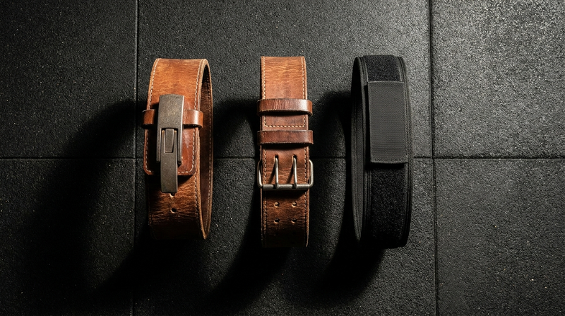 Lever, prong, and nylon lifting belts side by side