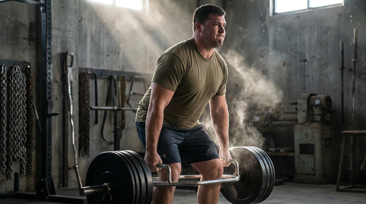 Athlete performing a heavy trap bar deadlift, the first event of the Army Fitness Test