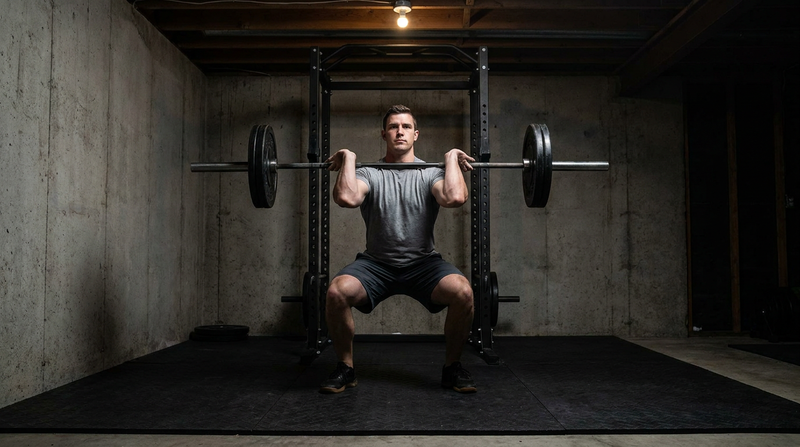 Athlete performing a zercher squat with the barbell held in the crooks of his elbows