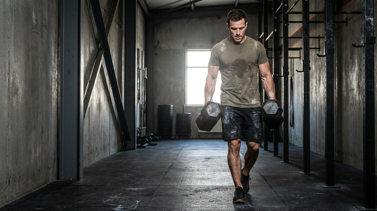 Athlete performing a farmers carry with two heavy dumbbells in a gym
