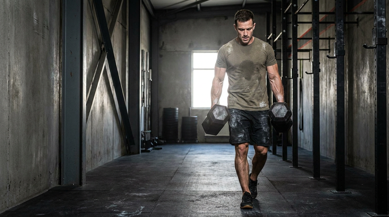 Athlete performing a farmers carry with two heavy dumbbells in a gym