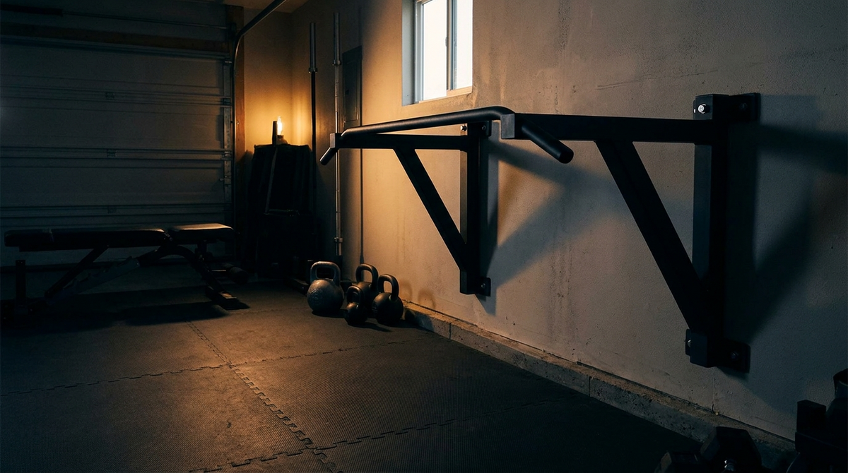 Home gym setup with a wall-mounted pull-up bar