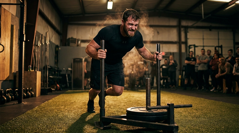 Hybrid athlete pushing a weighted sled during Hyrox-style training