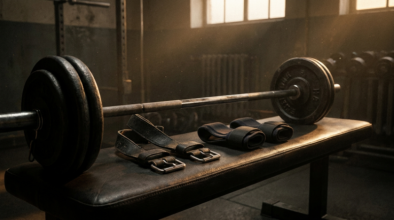 Lifting straps and wrist wraps side by side on a weight bench