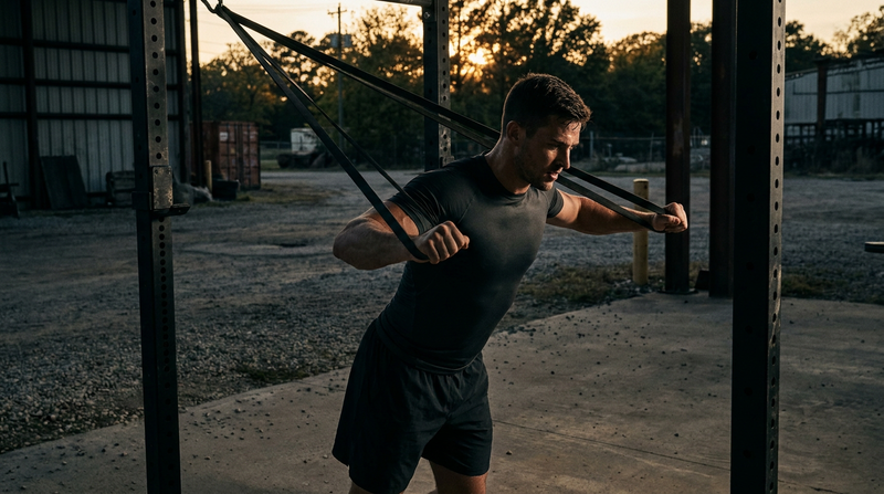 Athlete building muscle with heavy resistance bands outdoors at dusk