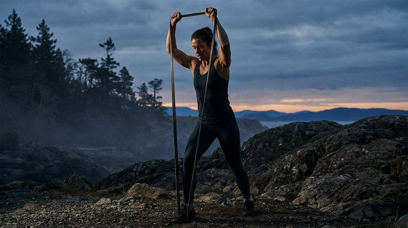 Athlete doing a resistance band overhead press for upper body strength
