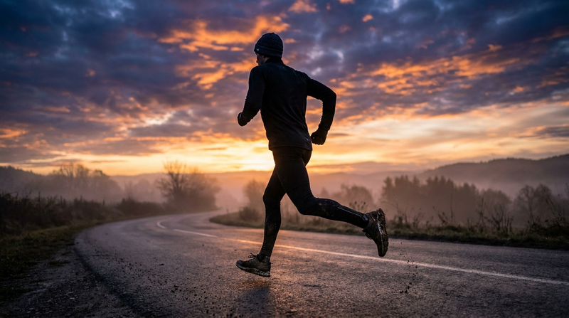 Runner sprinting on an open road at dawn building speed and endurance
