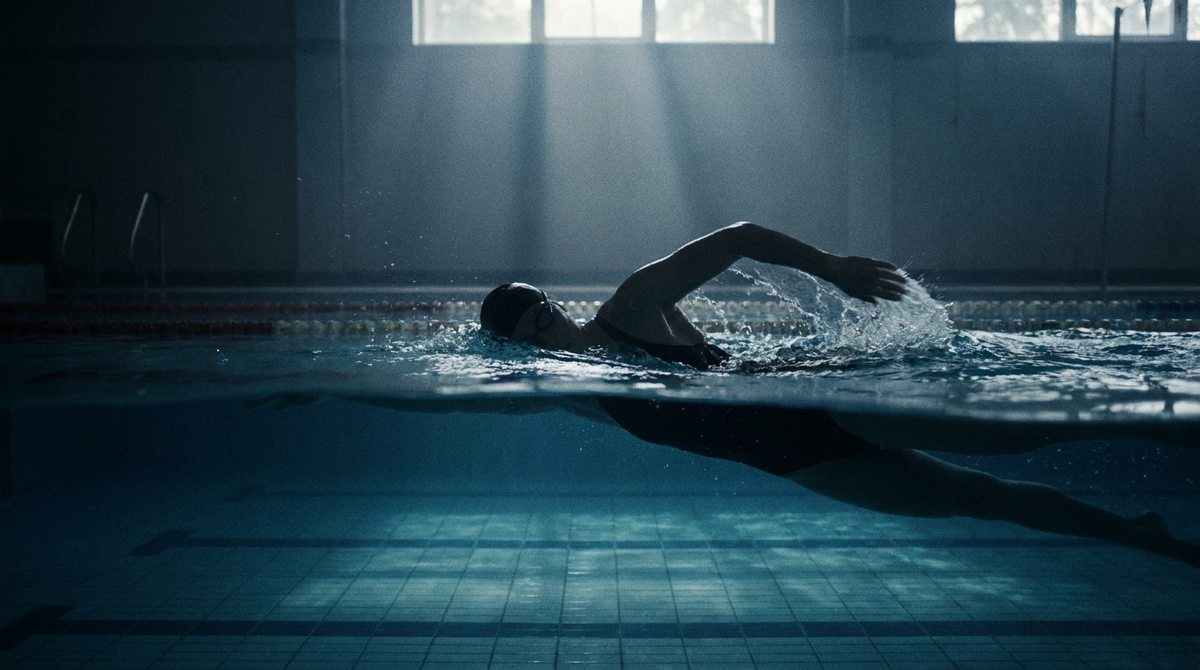 Swimmer performing streamlined sidestroke in a lap pool for the SEAL PST 500-yard swim