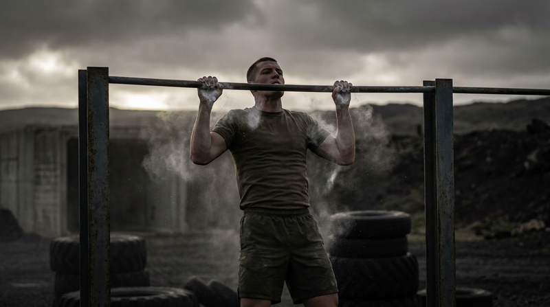 Athlete performing strict pull-ups on an outdoor bar training for the SEAL PST