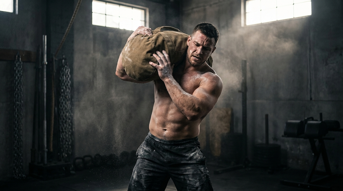 Athlete shouldering a heavy sandbag during a functional strength workout