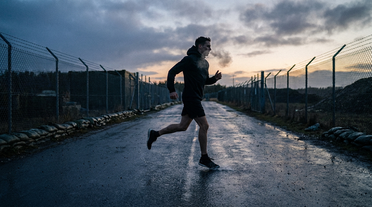 Athlete sprinting on a road at dusk training for the SEAL PST 1.5-mile run