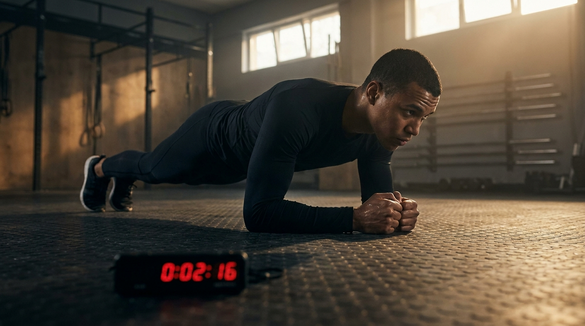 Athlete holding a forearm plank in a dark gym during Navy PRT plank training