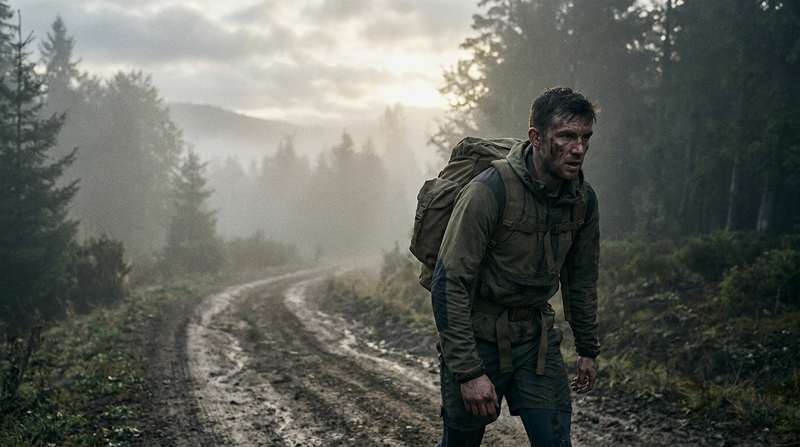 Athlete ruck marching with a heavy pack on a foggy trail for RASP 12-mile ruck training
