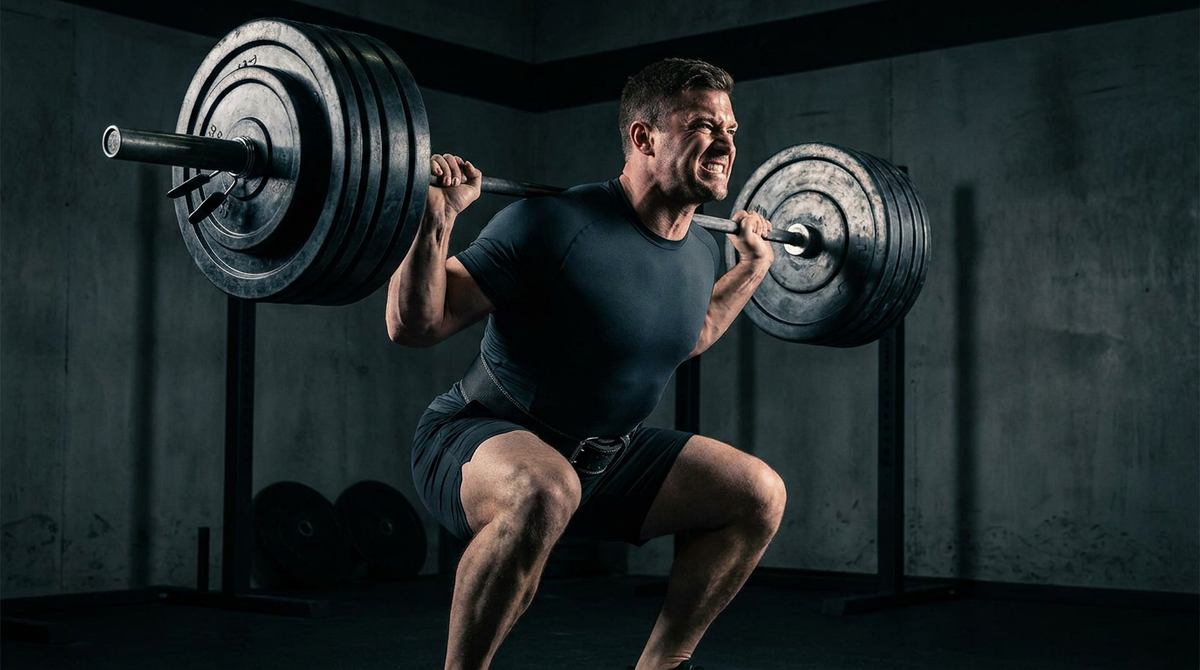 Lifter wearing a hybrid lifting belt bracing under a heavy barbell squat