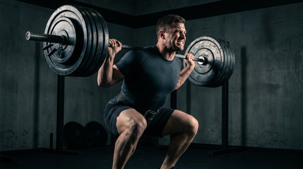Lifter wearing a hybrid lifting belt bracing under a heavy barbell squat