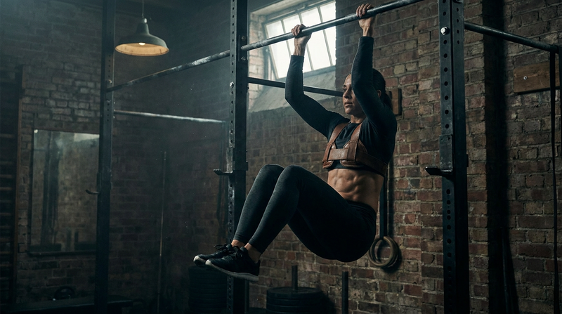 Athlete doing hanging knee raises in pull-up bar ab straps
