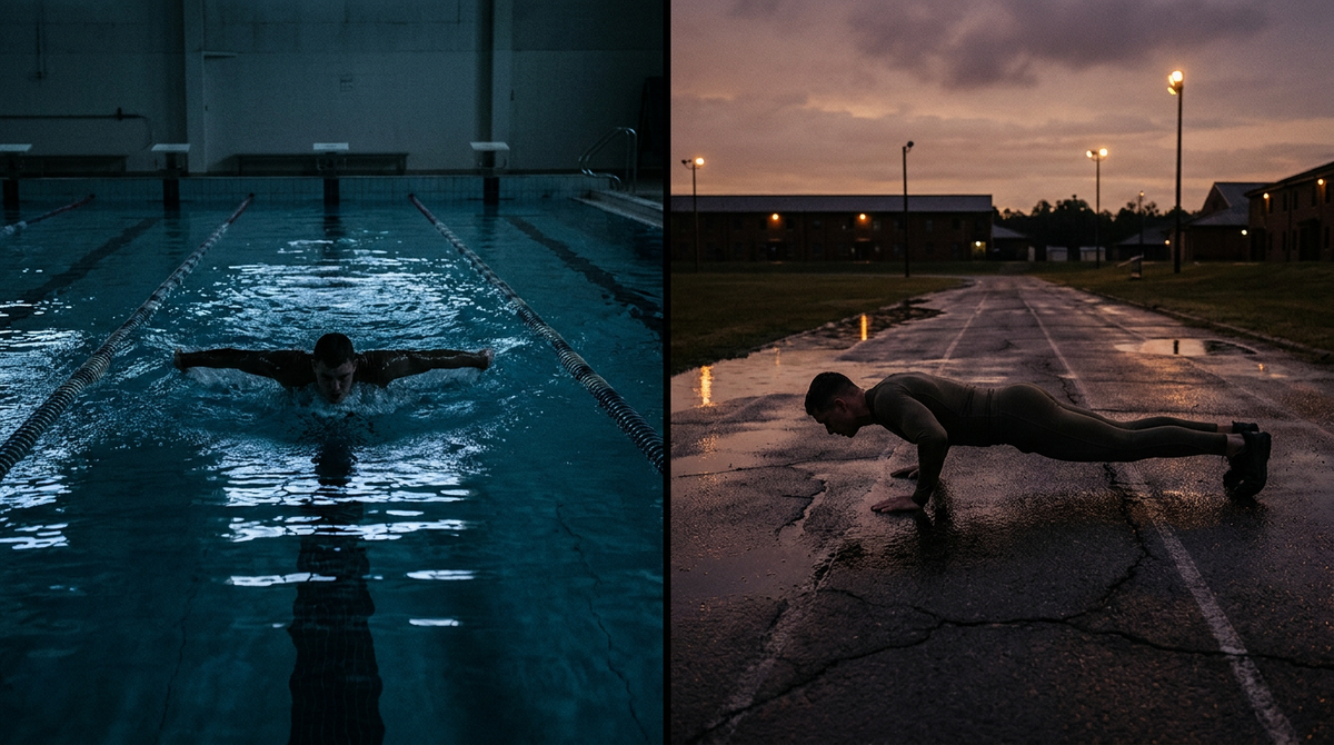 Side-by-side of a swimmer in a pool and an athlete doing push-ups, comparing Air Force PAST and Navy SEAL PST