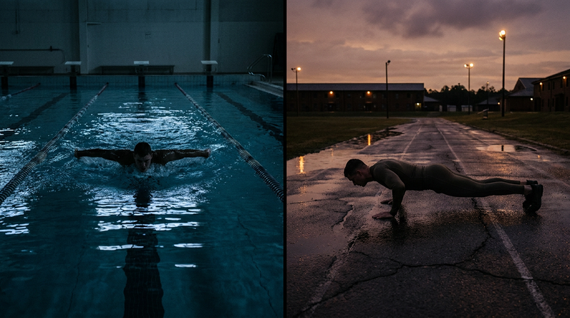 Side-by-side of a swimmer in a pool and an athlete doing push-ups, comparing Air Force PAST and Navy SEAL PST