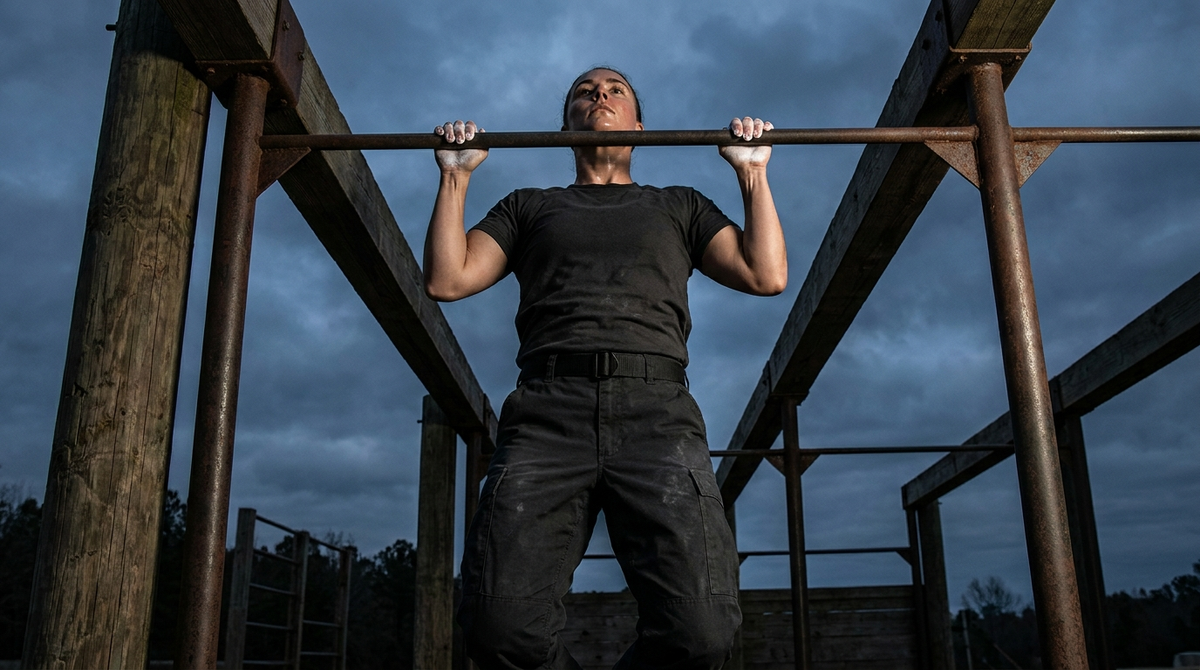 Athlete at the top of a pull-up on an outdoor bar, building toward 20 reps for military selection