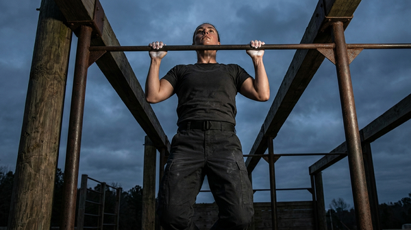 Athlete at the top of a pull-up on an outdoor bar, building toward 20 reps for military selection