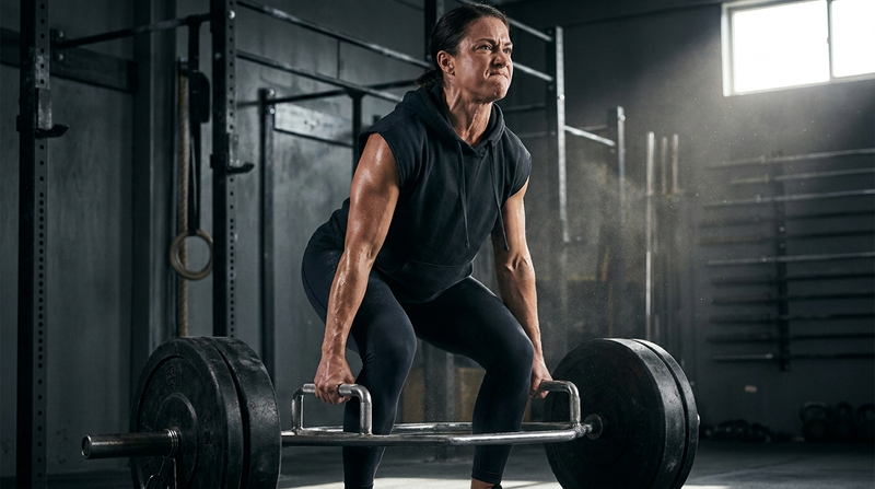 Athlete locking out a heavy hex bar deadlift for the ACFT