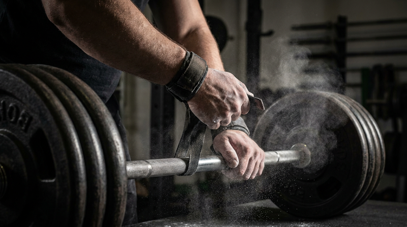 Lifter wrapping wrist straps around a loaded barbell