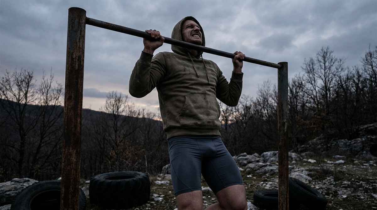 Athlete at the top of a strict pull-up on an outdoor bar