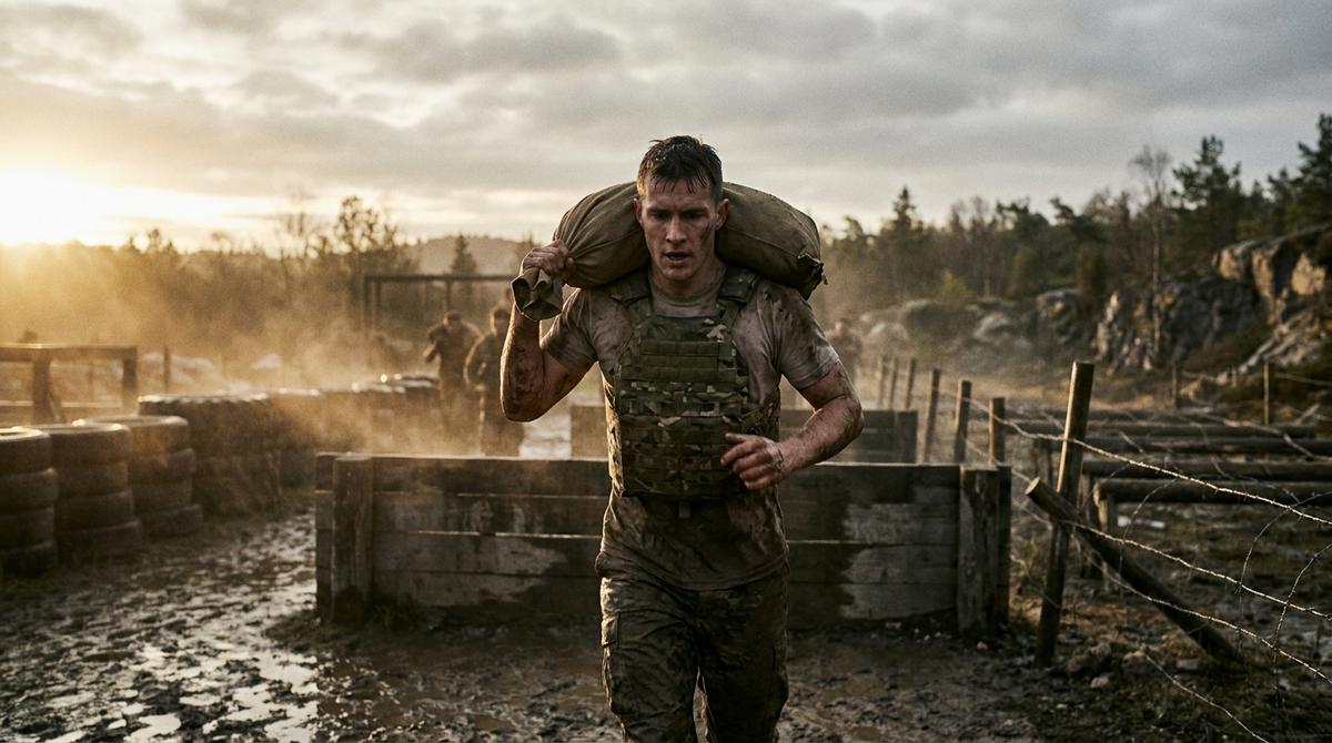 Athlete carrying a sandbag through an obstacle course during military-style fitness training