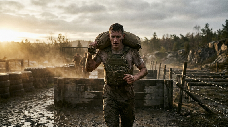 Athlete carrying a sandbag through an obstacle course during military-style fitness training