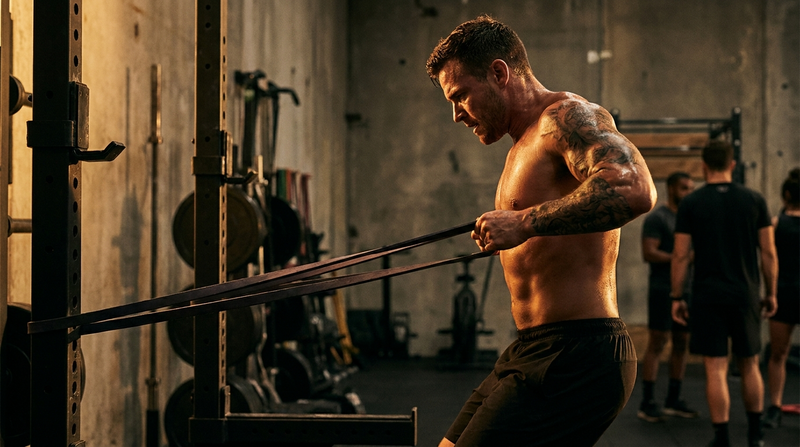 Athlete performing a resistance band row in a dark gym