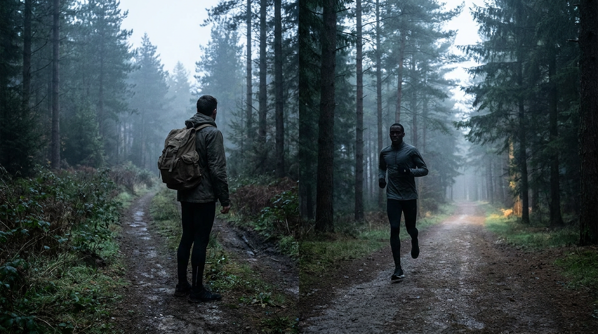 Two athletes at a fork in a forest trail, representing the choice between SFAS and RASP selection paths