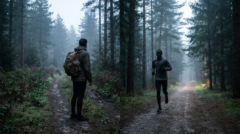 Two athletes at a fork in a forest trail, representing the choice between SFAS and RASP selection paths