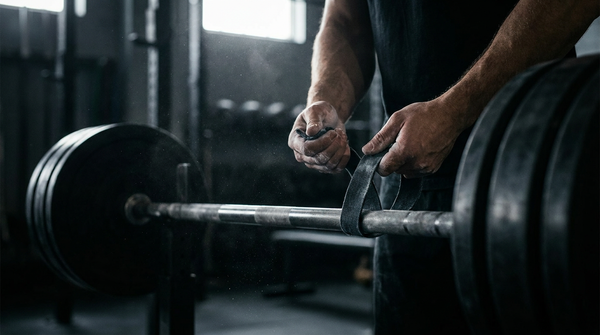 Lifter wrapping lifting straps around a loaded barbell before a heavy deadlift
