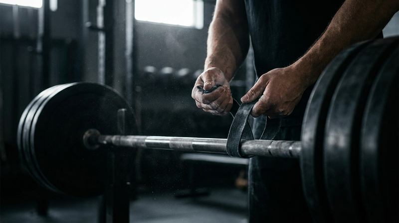 Lifter wrapping lifting straps around a loaded barbell before a heavy deadlift