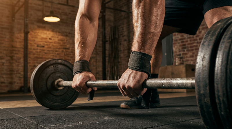 Athlete tightening wrist straps before a heavy barbell pull