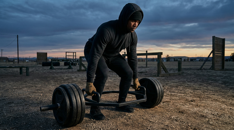 Athlete preparing a hex bar deadlift during ACFT training