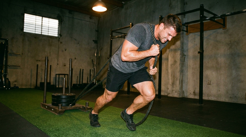 Athlete dragging a weighted sled practicing sprint-drag-carry technique
