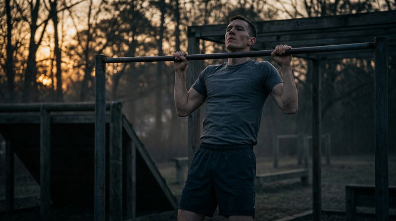 Athlete performing strict pull-ups on an outdoor bar for PFT training