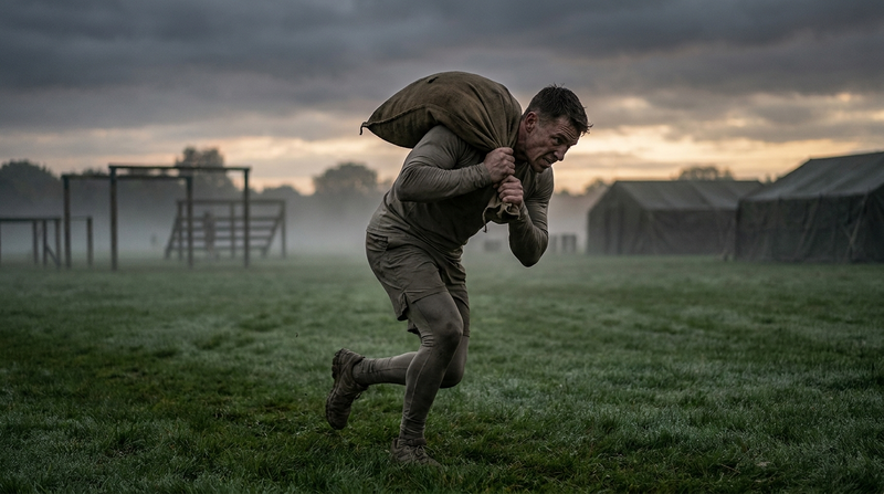 Athlete sprinting with a sandbag during a maneuver-under-fire style drill