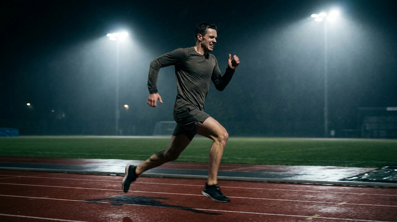 Runner pushing the pace on a track training for the Navy PRT 1.5-mile run
