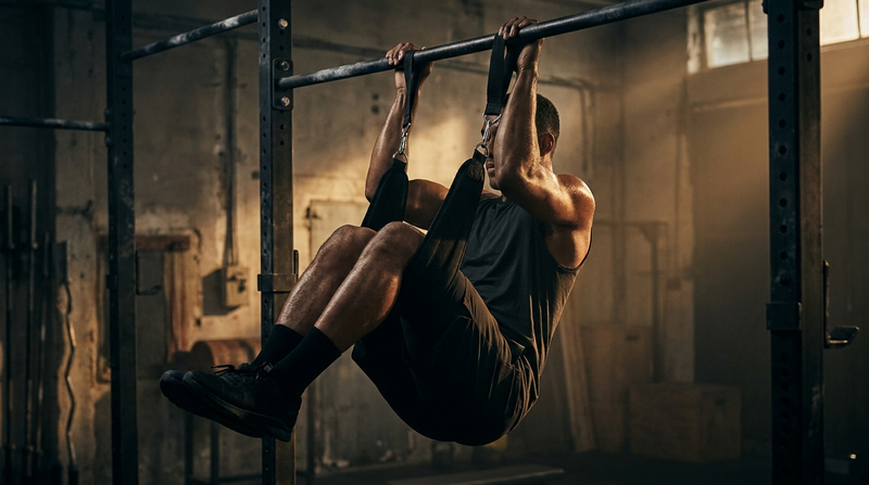 Athlete performing hanging knee raises in ab slings