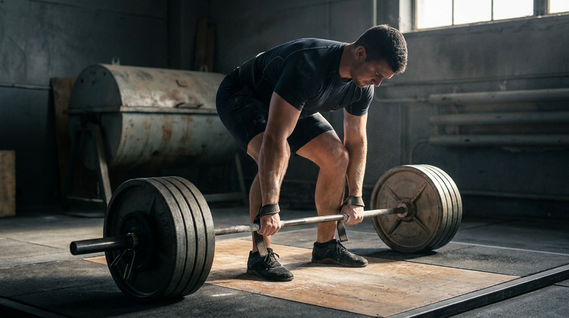 Lifter setting up a deadlift with straps looped around the barbell