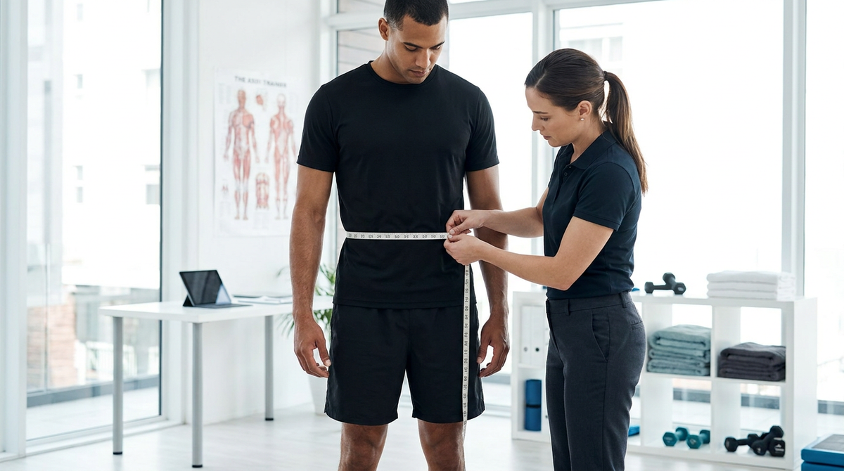 Trainer measuring an athlete's waist with a tape at navel level